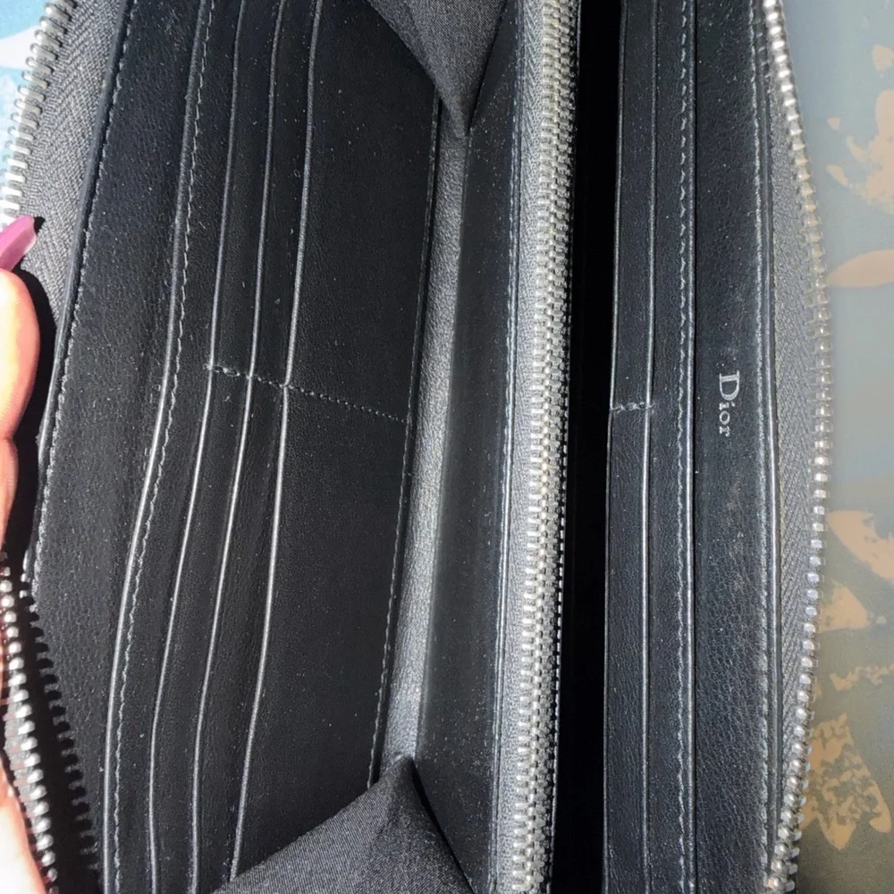 Dior Black Embossed Leather Zip-Around Wallet with Gold Logo